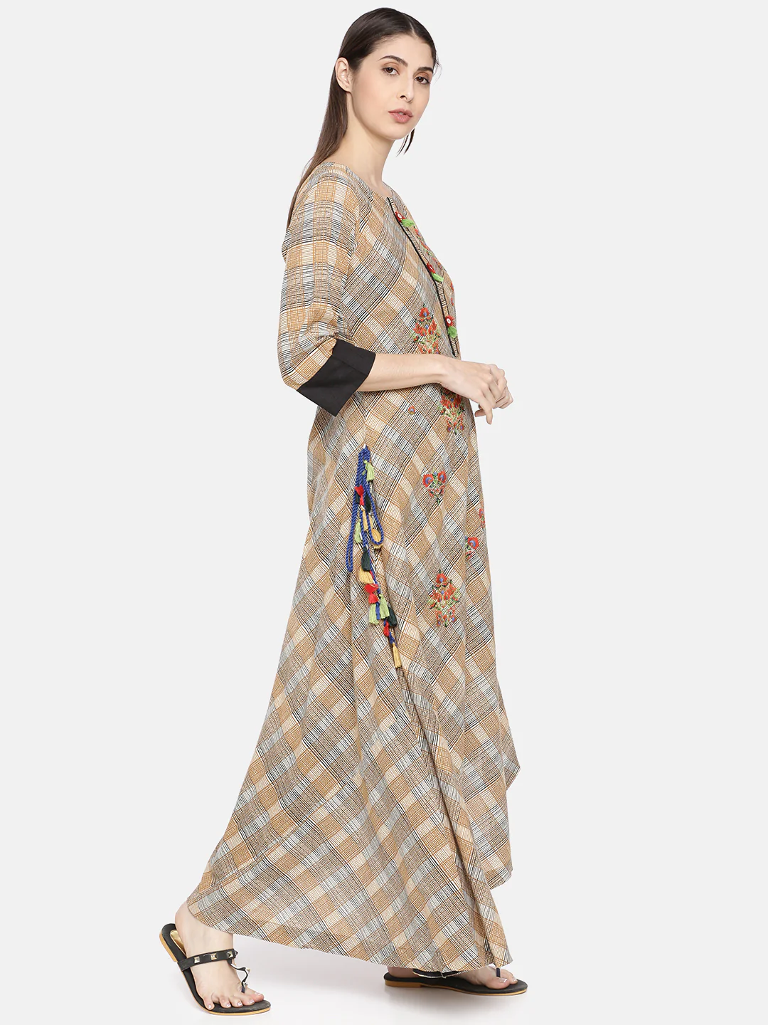 Neerus Brown Embroidered High Low Kurta - Image 3