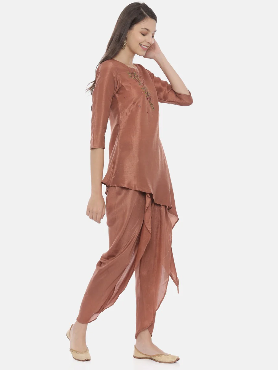 Neerus Brown Embroidered Kurta Dhoti Pant Set - Image 4