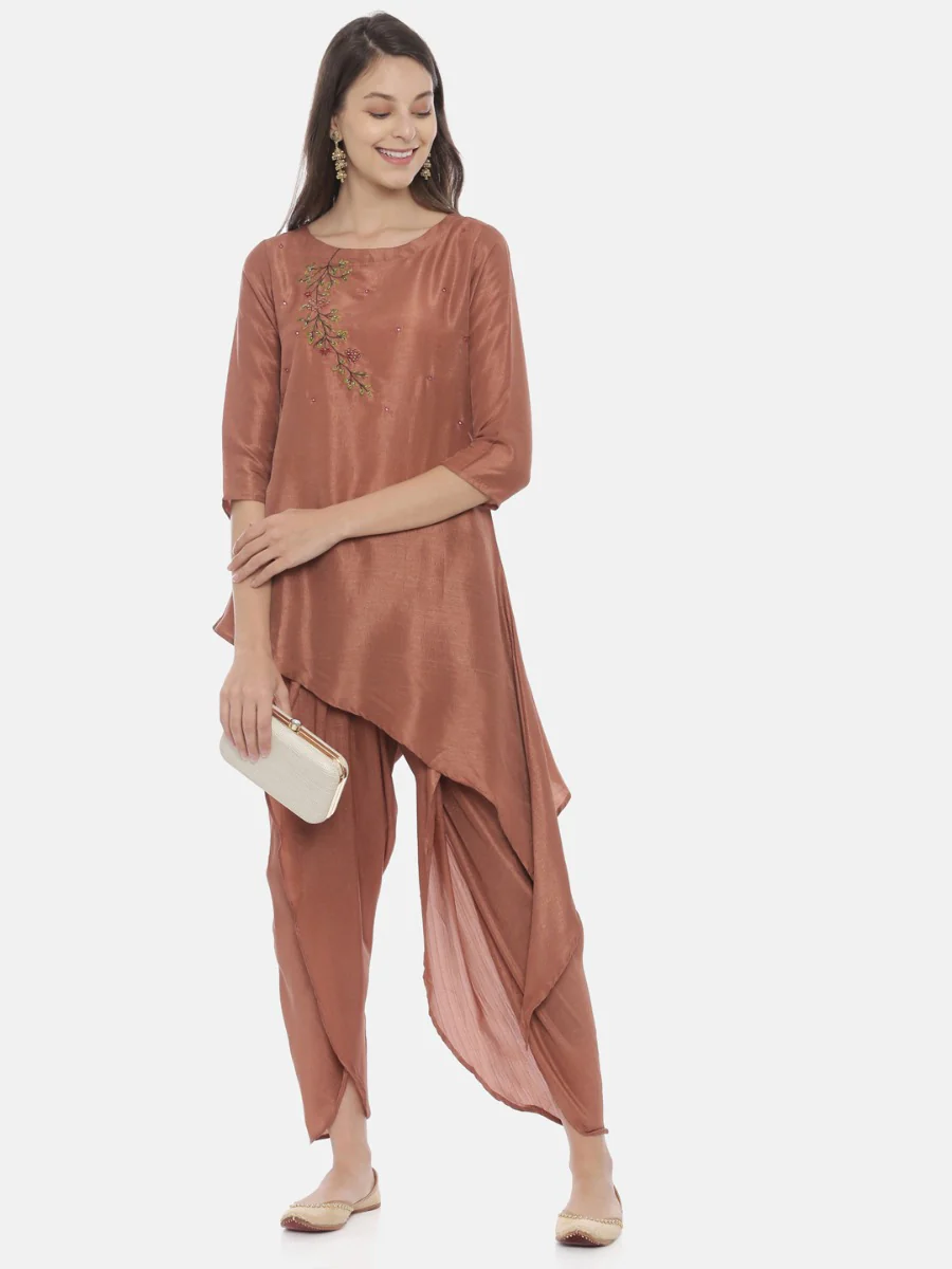 Neerus Brown Embroidered Kurta Dhoti Pant Set - Image 6