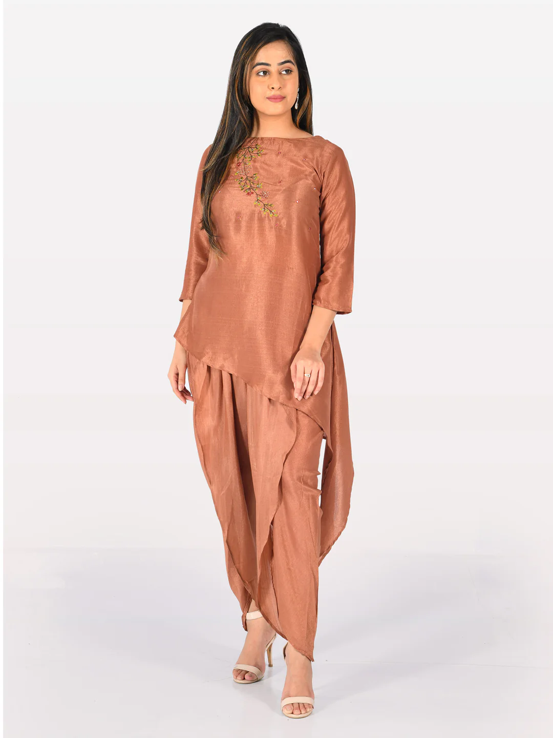 Neerus Brown Embroidered Kurta Dhoti Pant Set - Image 8