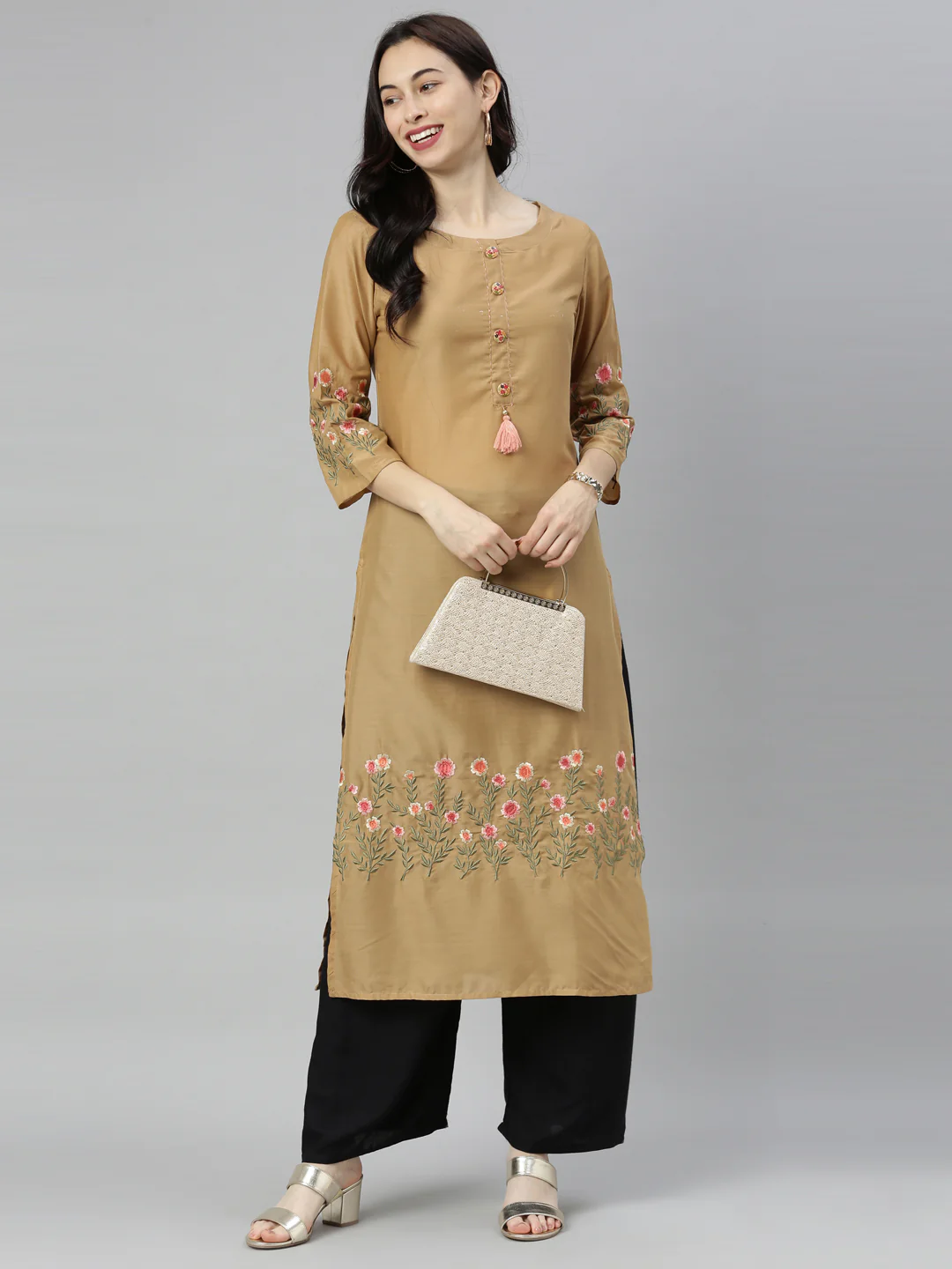 Neerus Brown Embroidered Straight Kurta - Image 8