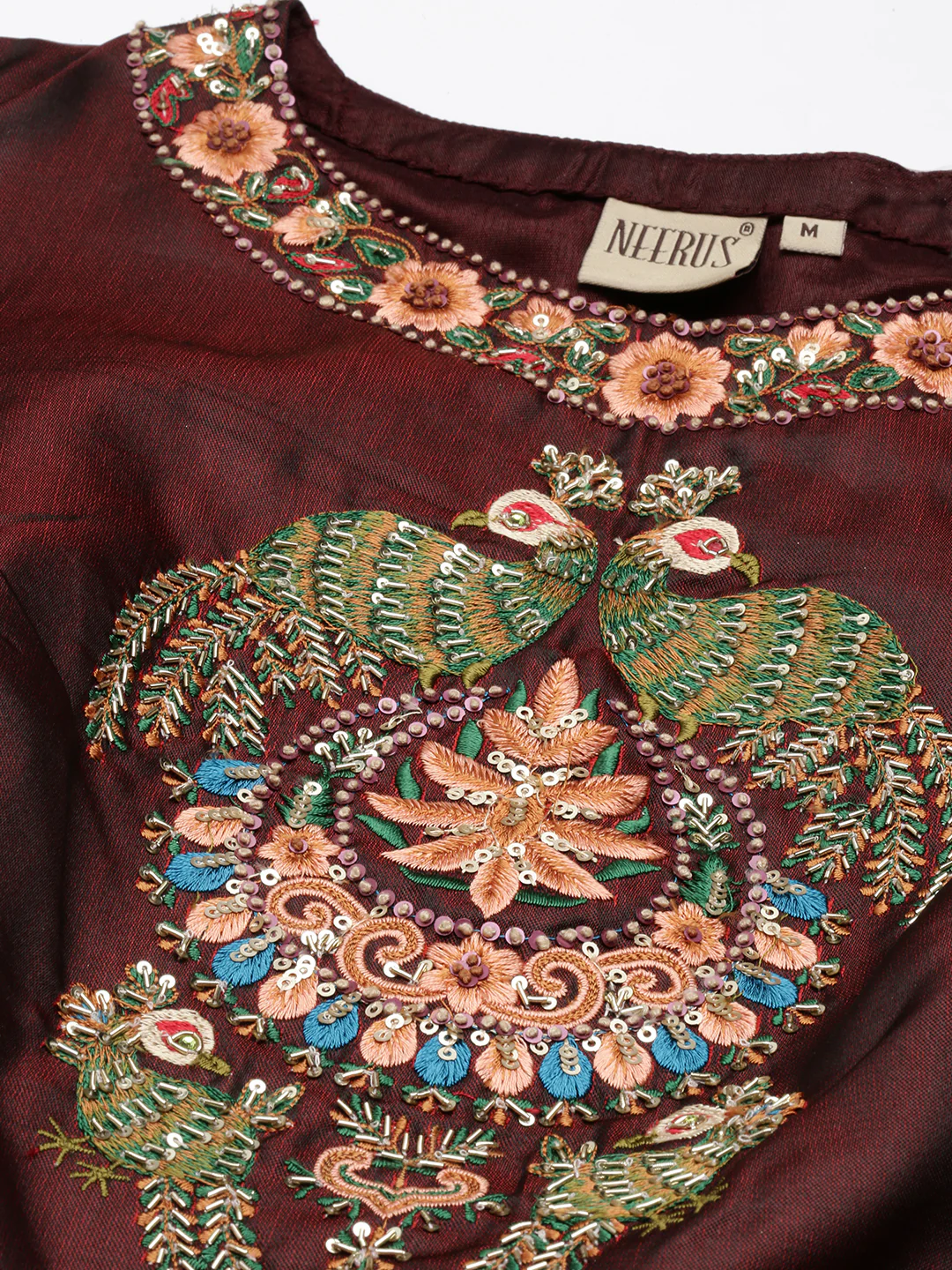 Neerus Brown Ethnic Motifs Embroidered Ethnic Maxi Dress with Dupatta - Image 2
