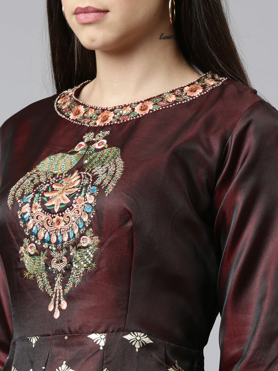 Neerus Brown Ethnic Motifs Embroidered Ethnic Maxi Dress with Dupatta - Image 8