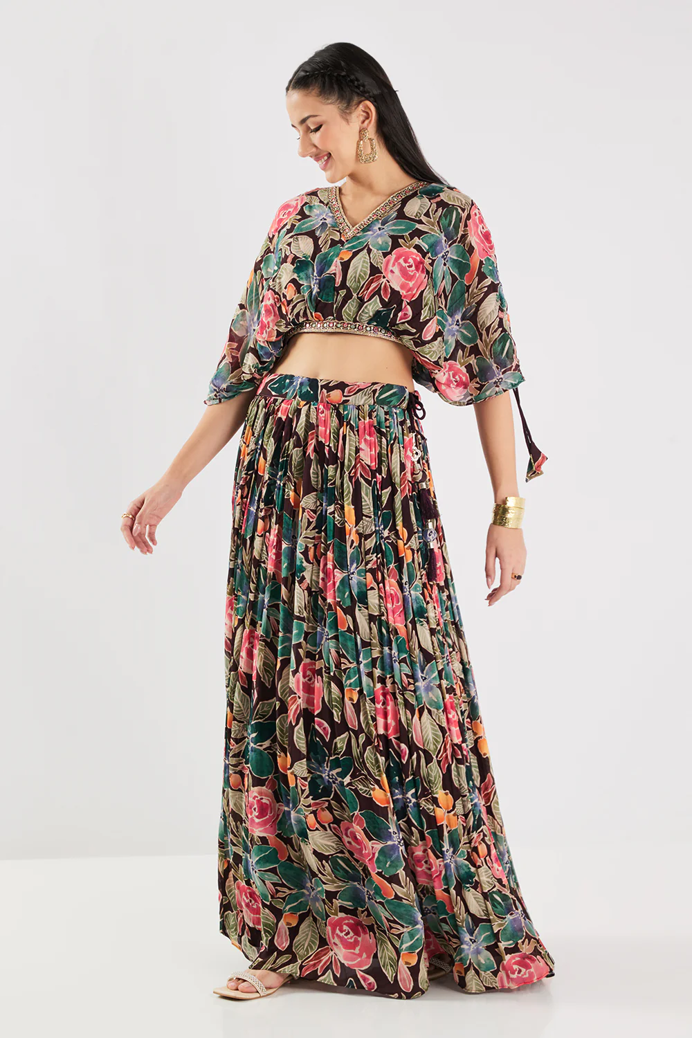 Neerus Brown Floral Georgette Fabric Fusion Set. - Image 2
