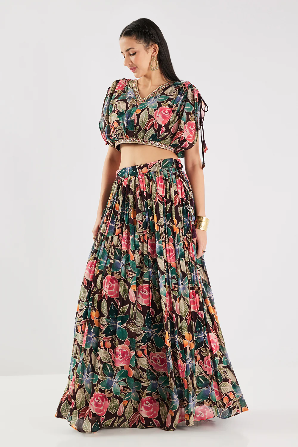 Neerus Brown Floral Georgette Fabric Fusion Set. - Image 3