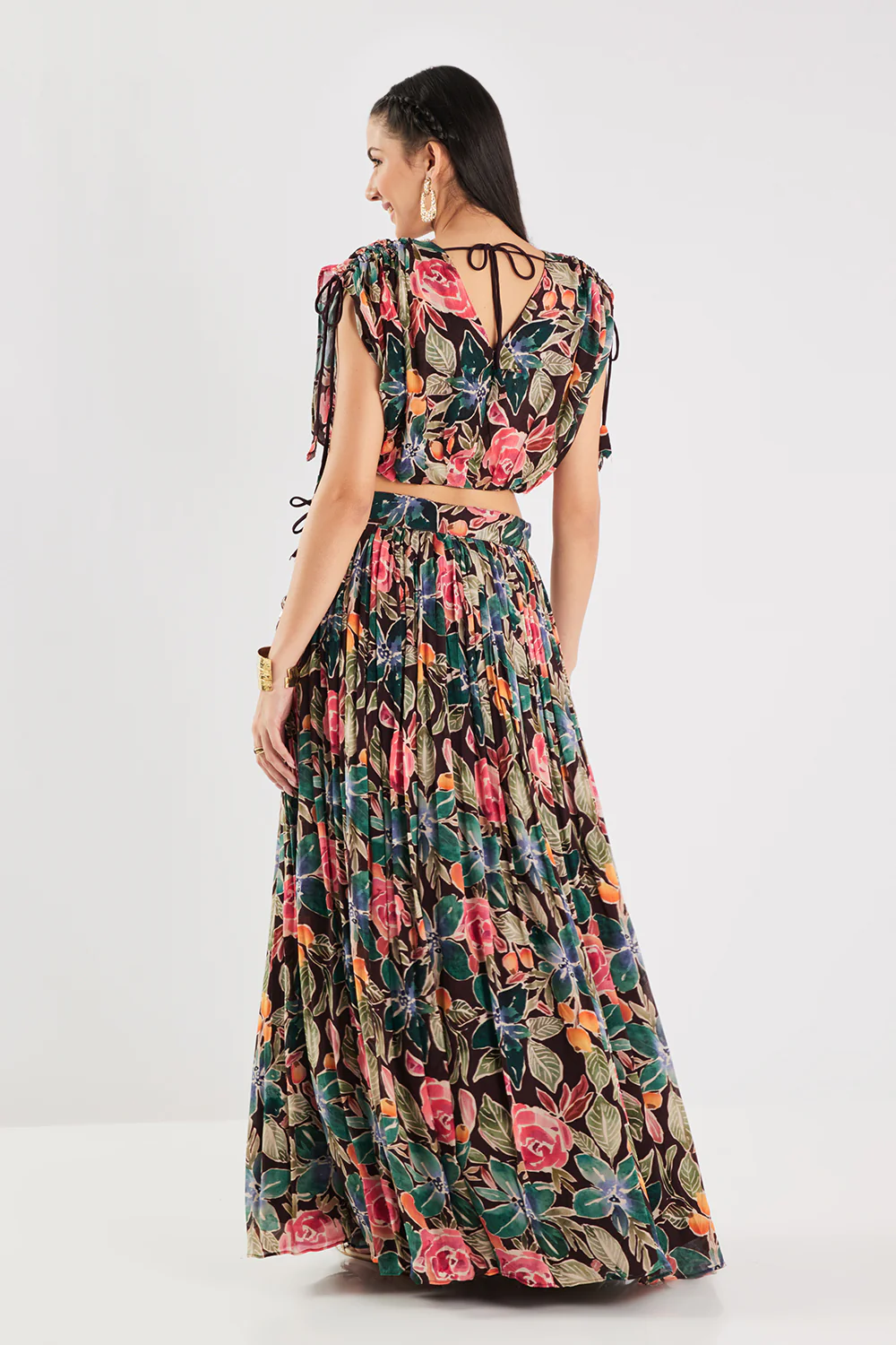 Neerus Brown Floral Georgette Fabric Fusion Set. - Image 4