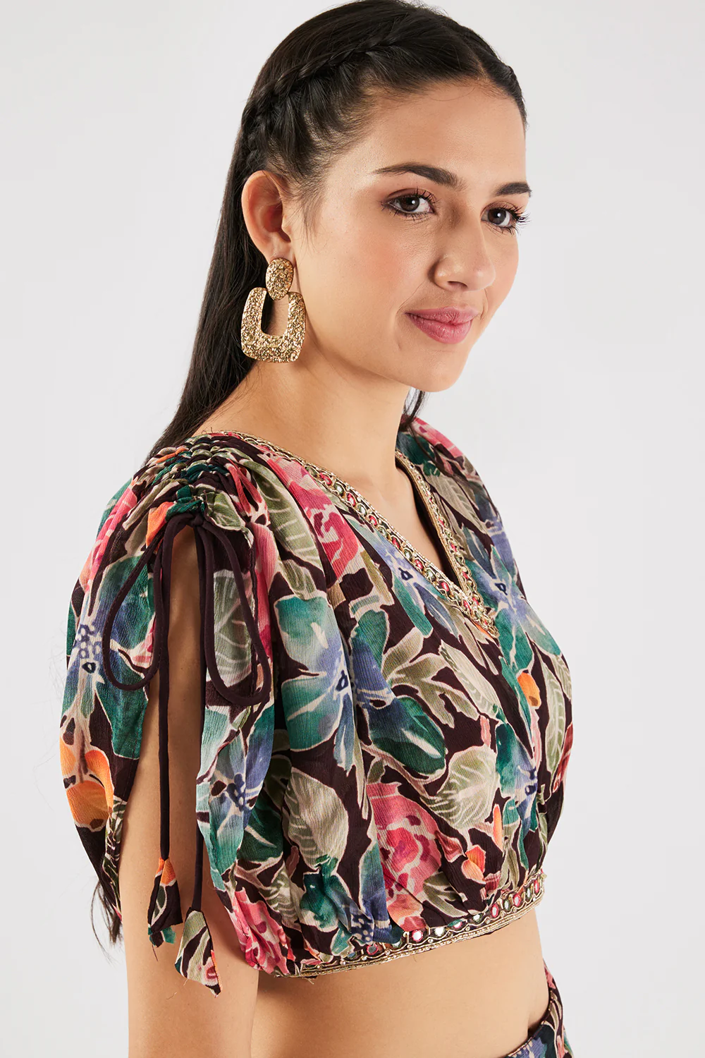 Neerus Brown Floral Georgette Fabric Fusion Set. - Image 5
