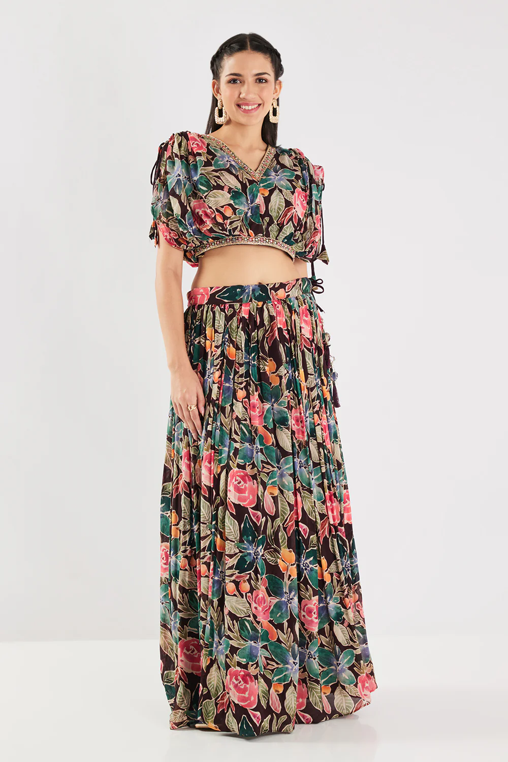 Neerus Brown Floral Georgette Fabric Fusion Set. - Image 6