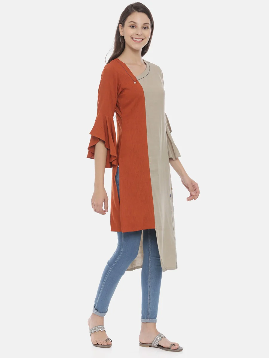 Neerus Brown High Low Kurta - Image 4