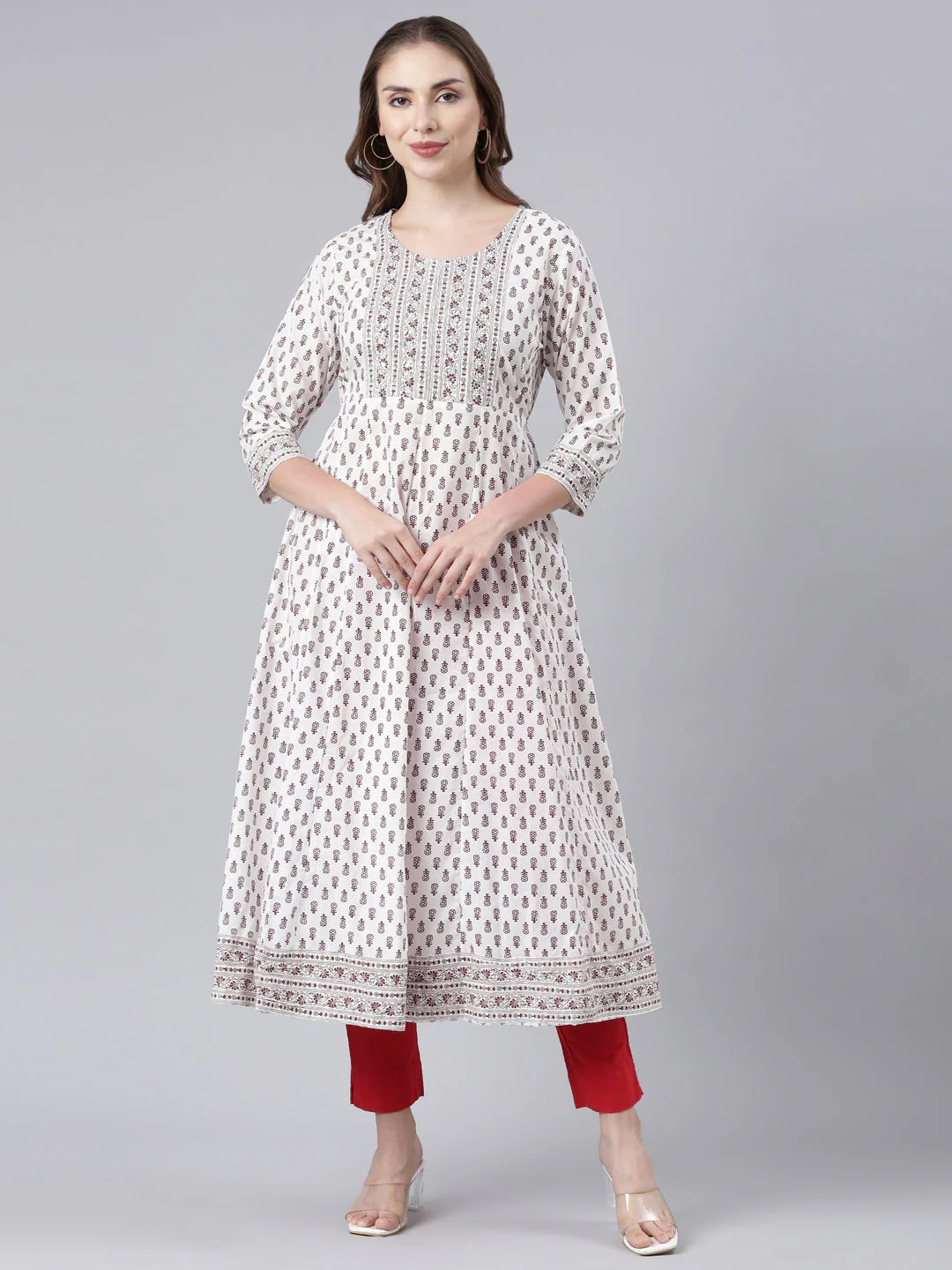 Neerus Brown Panelled Anarkali Floral Kurta