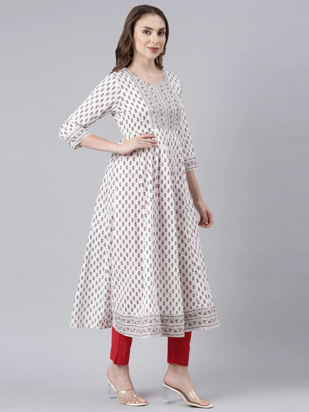 Neerus Brown Panelled Anarkali Floral Kurta - Image 3