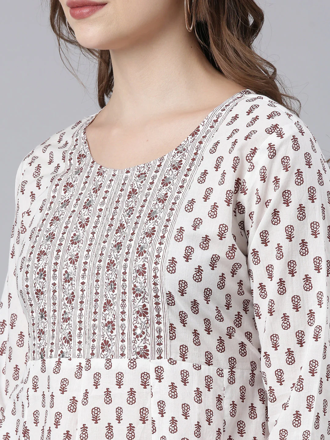 Neerus Brown Panelled Anarkali Floral Kurta - Image 5