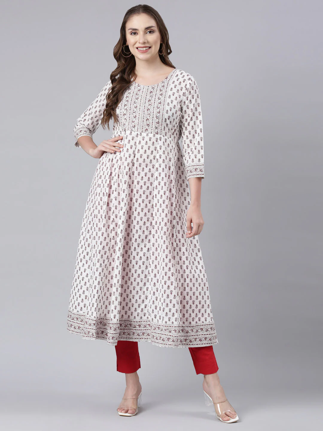 Neerus Brown Panelled Anarkali Floral Kurta - Image 6