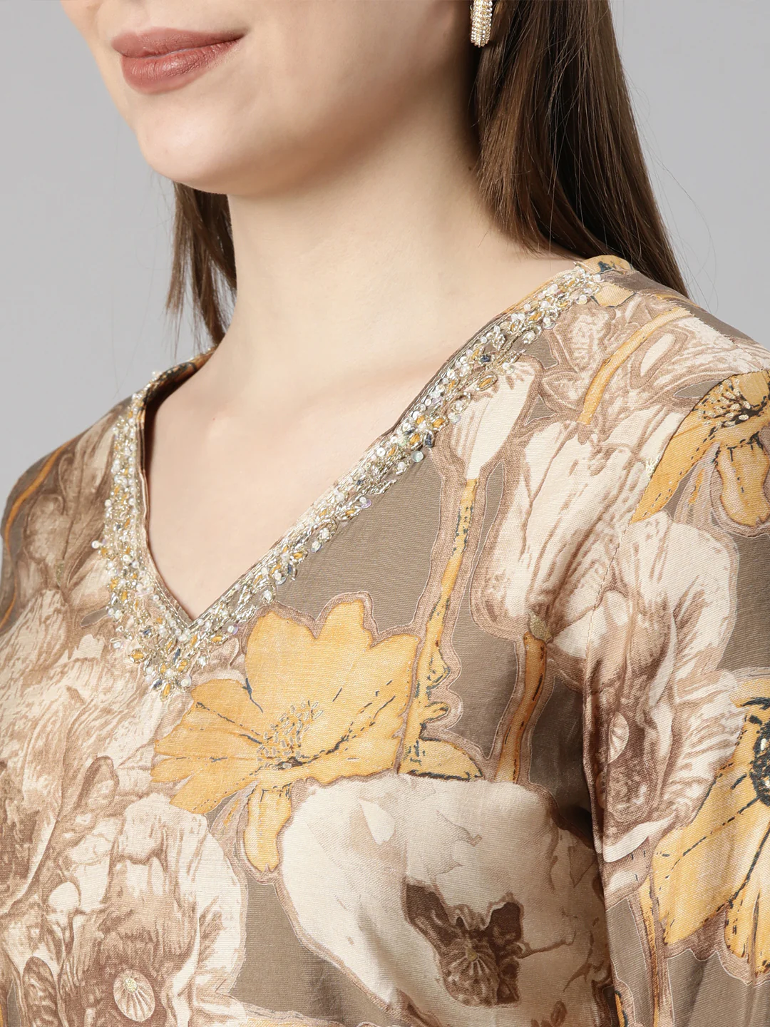 Neerus Brown Panelled Straight Floral Kurta And Trousers With Dupatta - Image 4