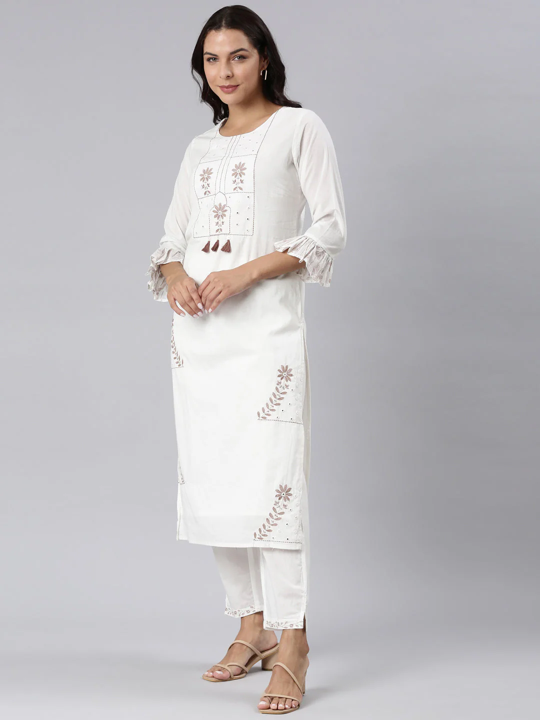 Neerus Brown Panelled Straight Printed Kurta And Trousers With Dupatta - Image 2