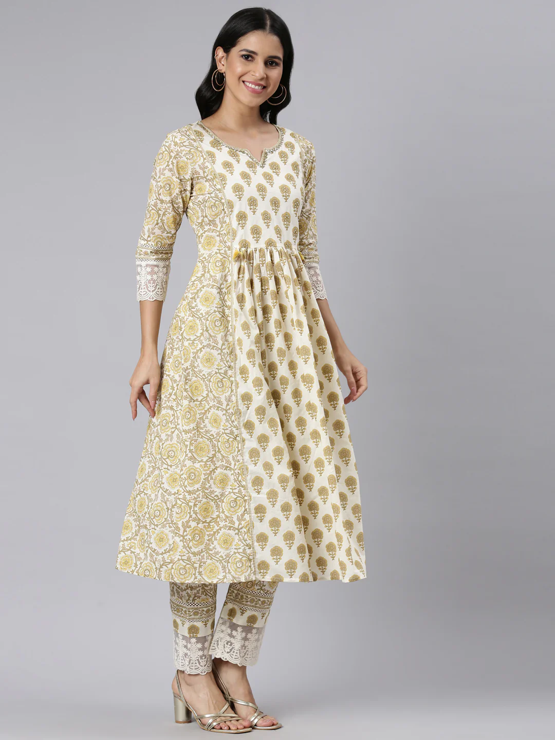 Neerus Brown Pleated Straight Printed Kurta and Trousers With Dupatta - Image 2