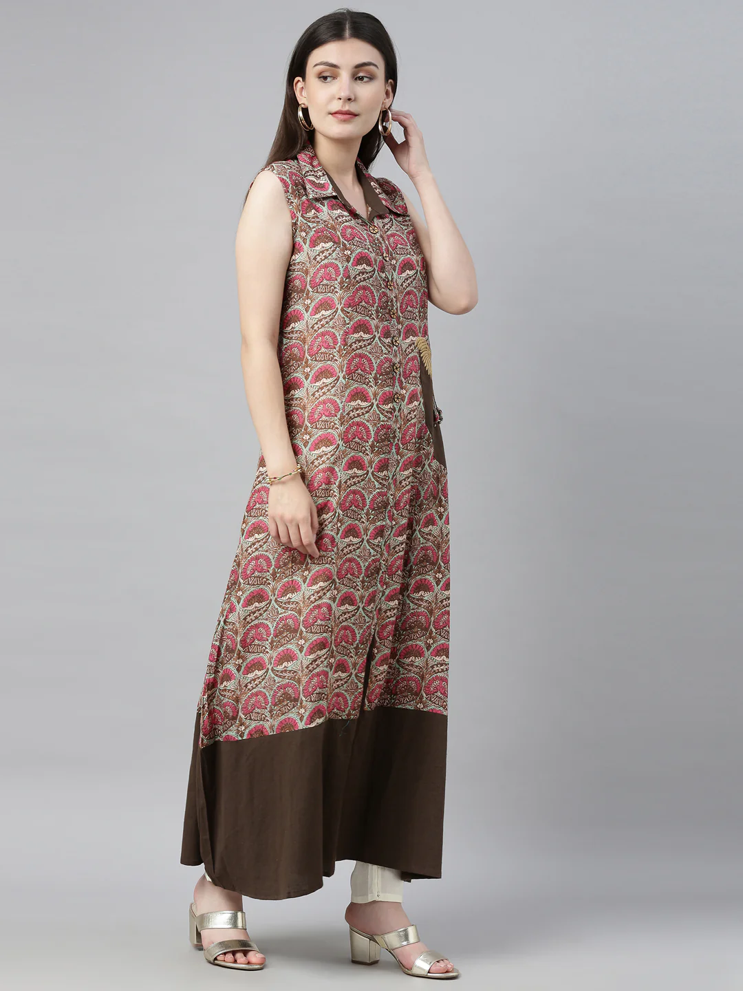 Neerus Brown Printed A Line Kurta - Image 5