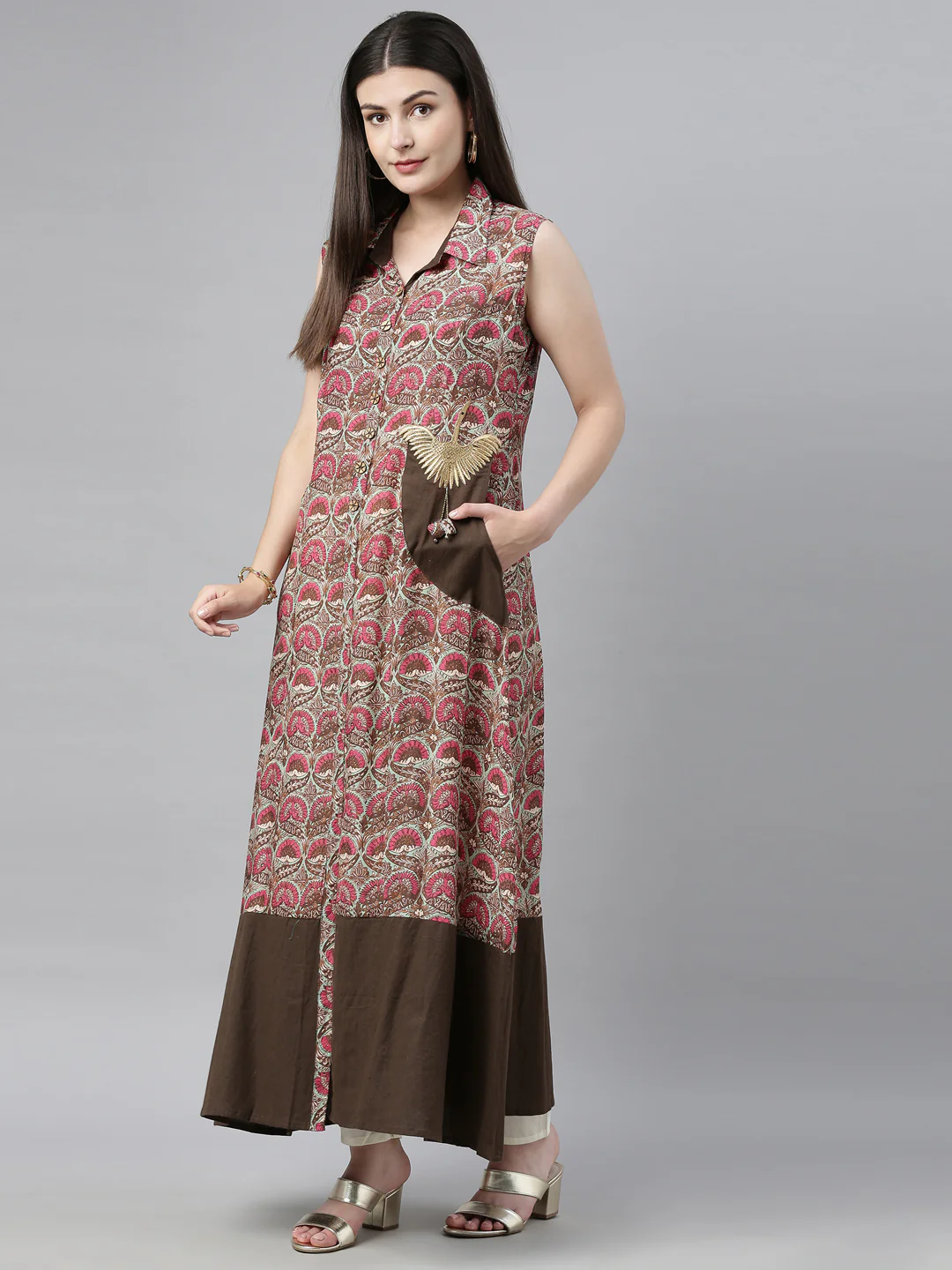 Neerus Brown Printed A Line Kurta - Image 7