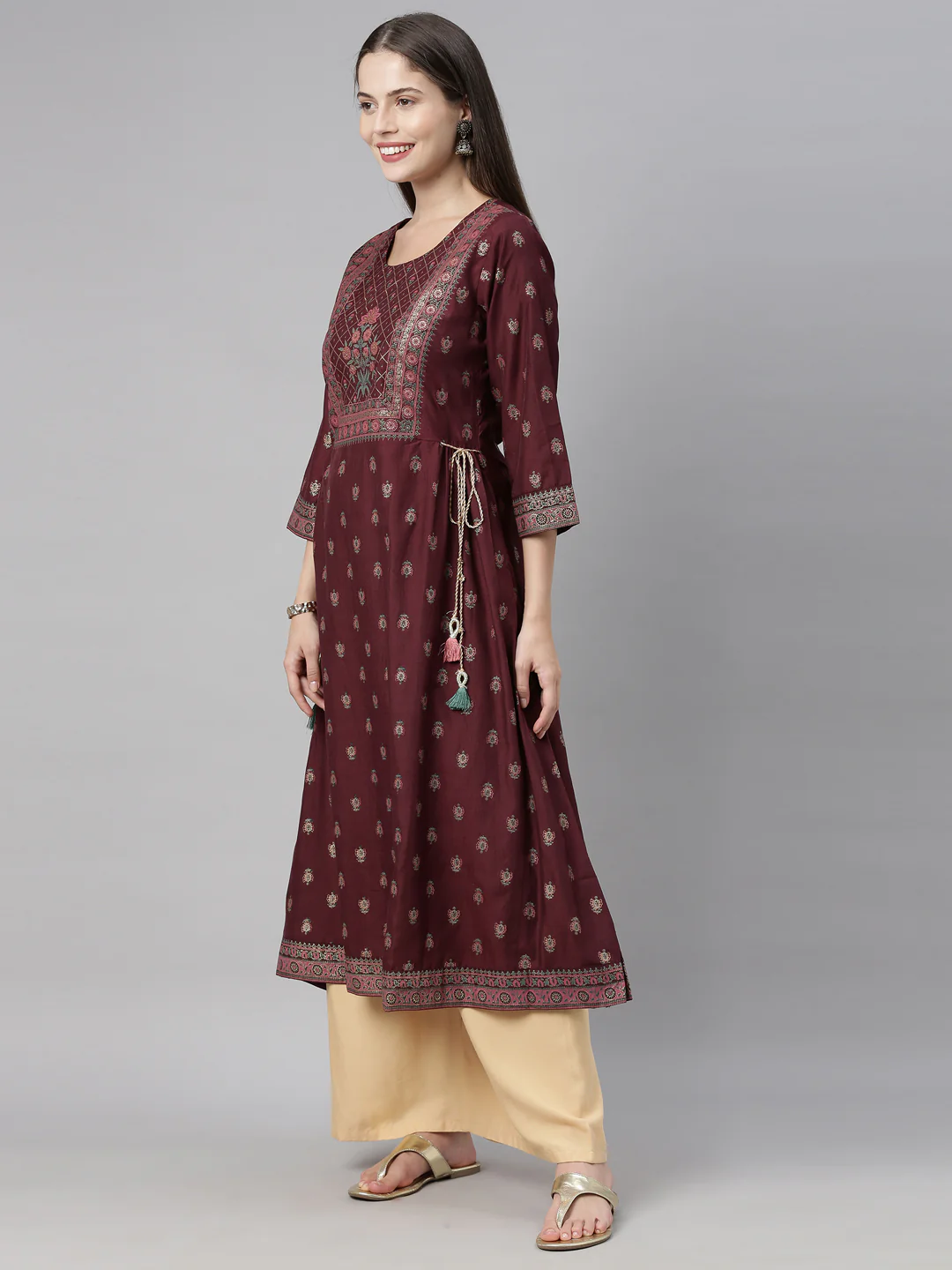 Neerus Brown Printed Flared Kurta - Image 5