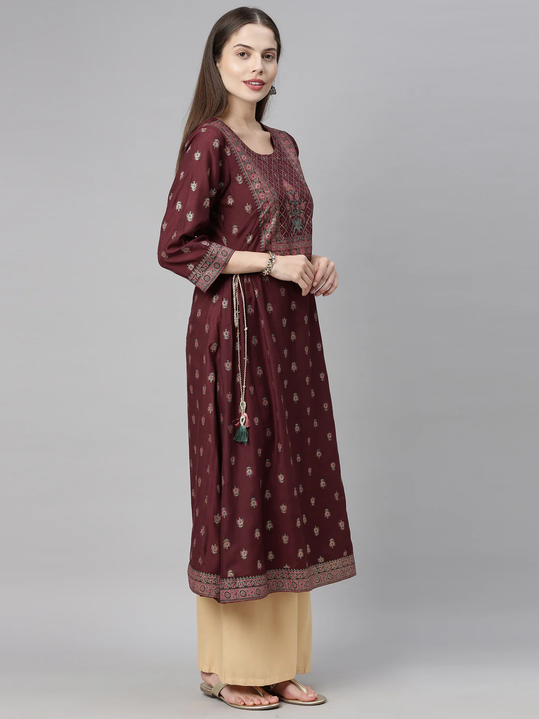Neerus Brown Printed Flared Kurta - Image 6