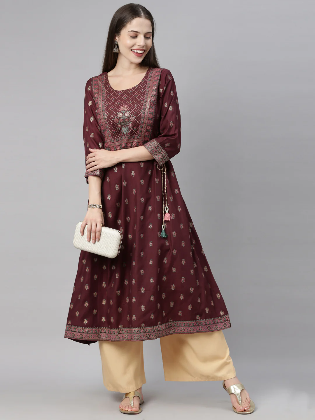 Neerus Brown Printed Flared Kurta - Image 8