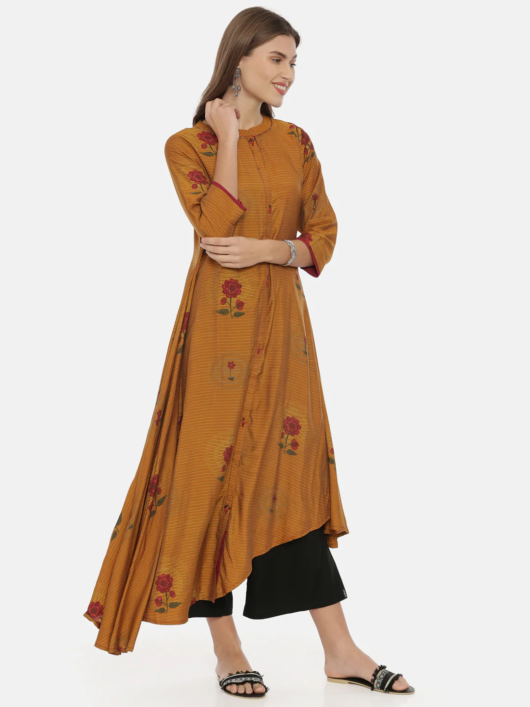 Neerus Brown Printed High Low Kurta - Image 4