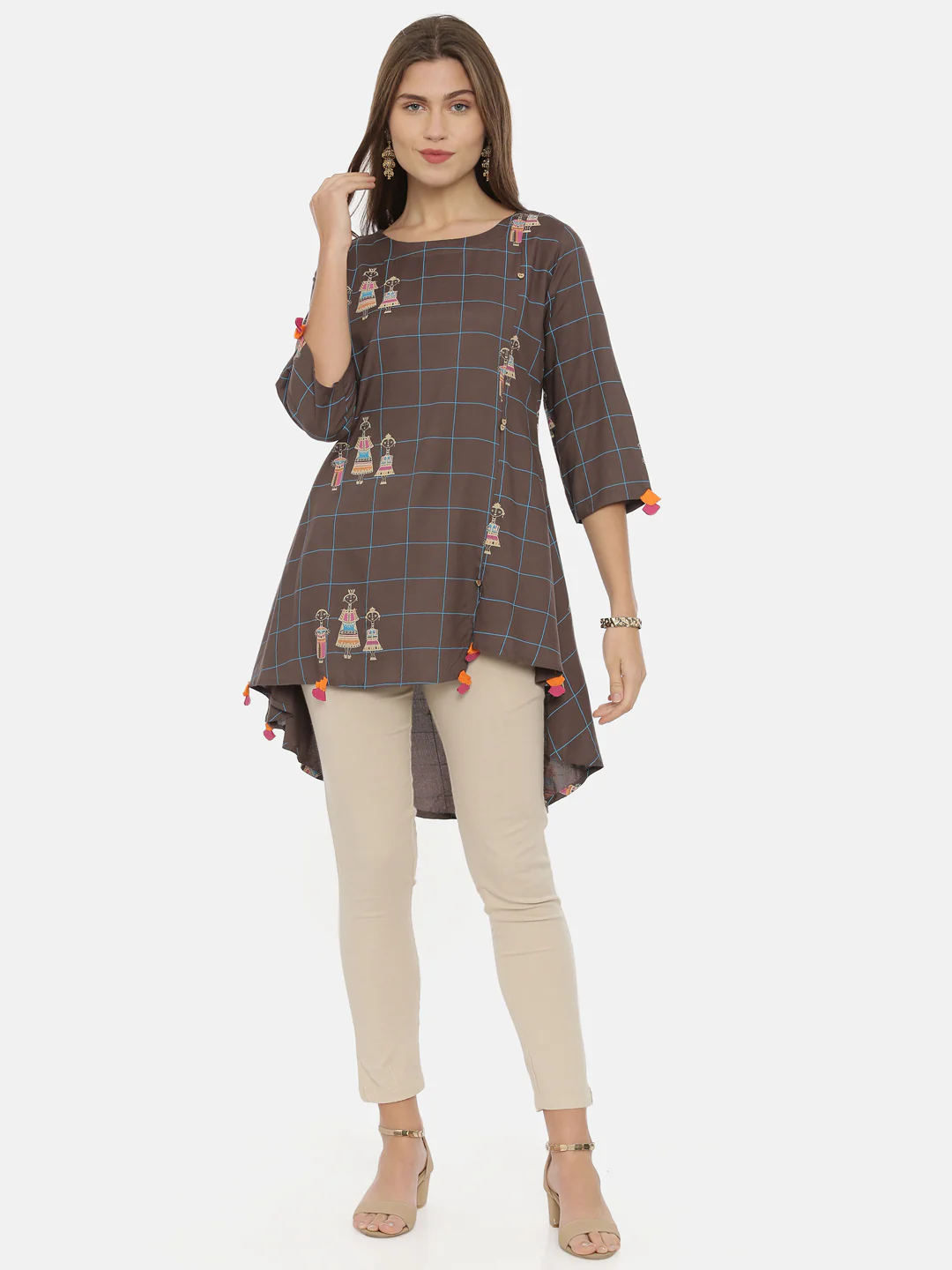 Neerus Brown Printed High Low Kurti
