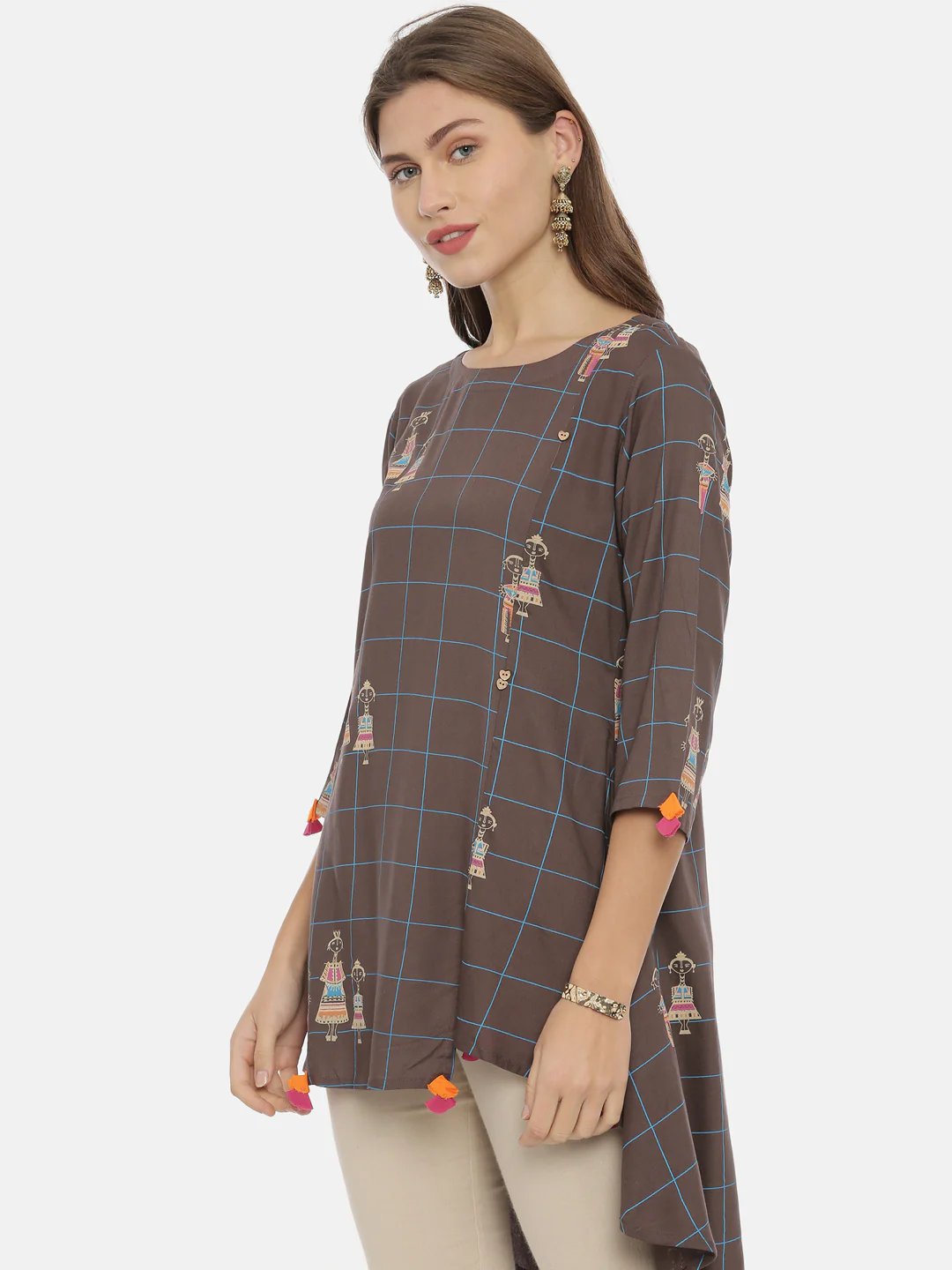 Neerus Brown Printed High Low Kurti - Image 3