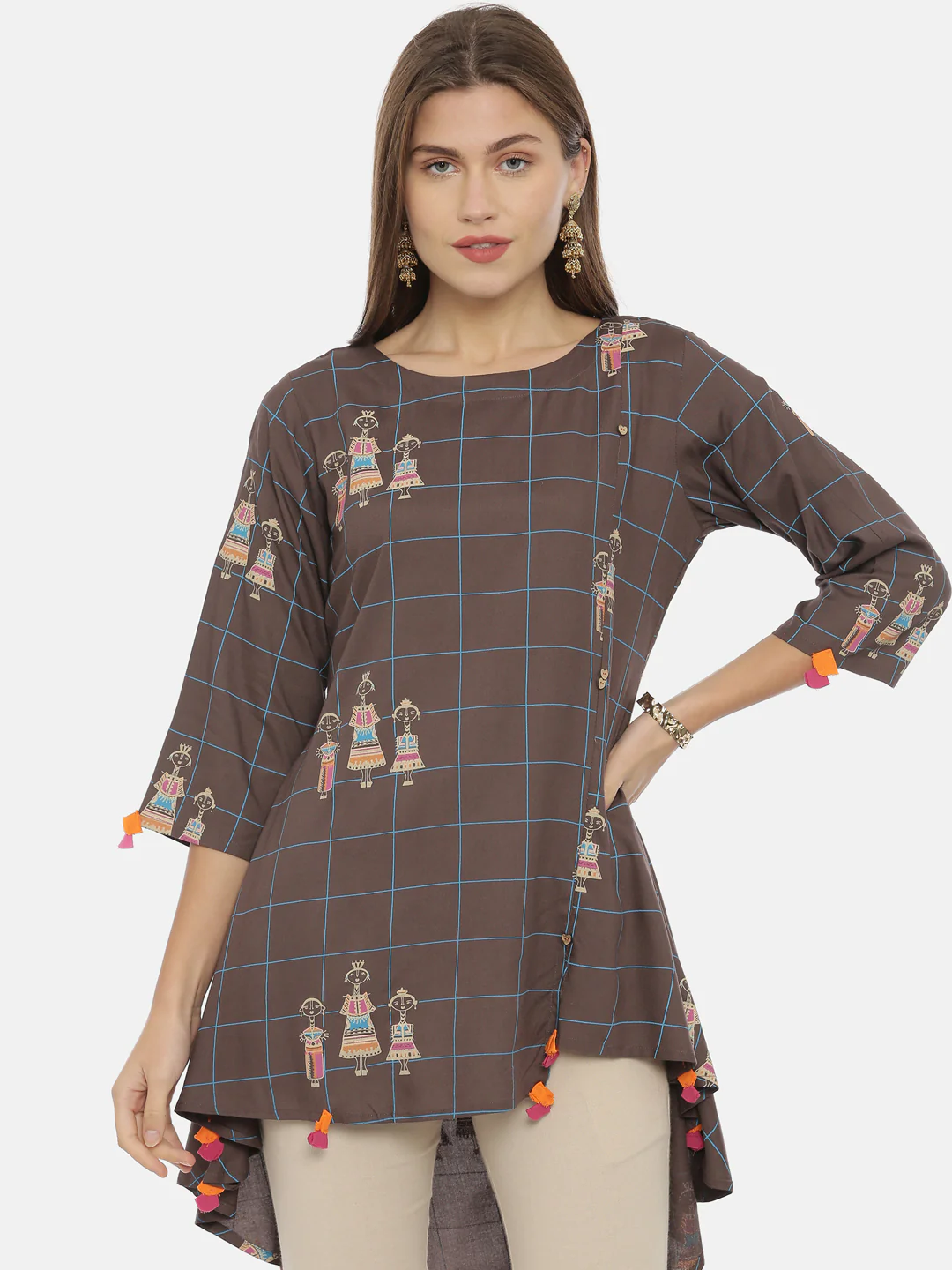 Neerus Brown Printed High Low Kurti - Image 6