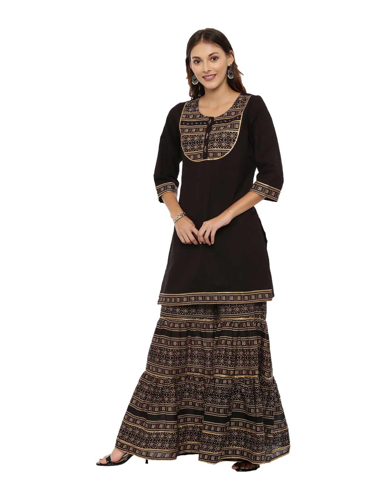 Neerus Brown Printed Kurta With Sharara & Dupatta - Image 5