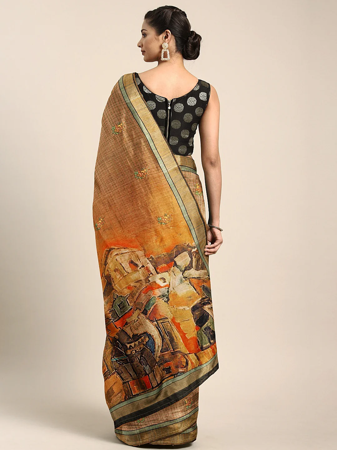 Neerus Brown Printed Saree With Blouse - Image 2