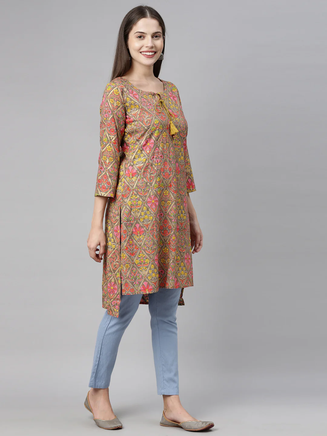 Neerus Brown Printed Straight Kurta - Image 5