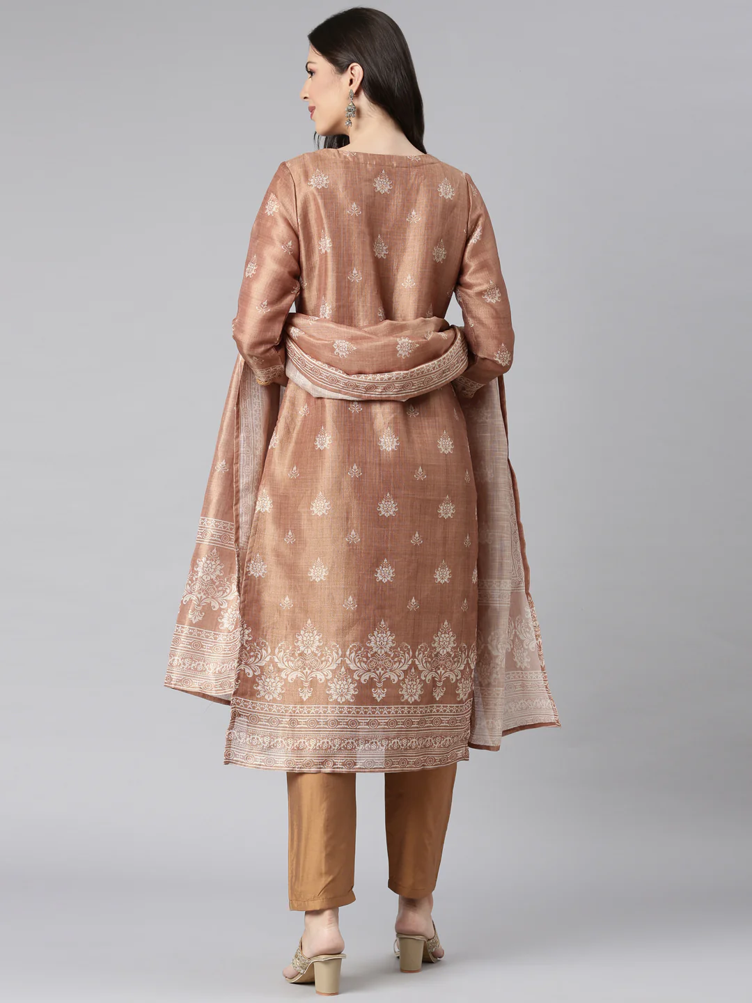 Neerus Brown Printed Straight Kurta and Trousers With Dupatta - Image 3