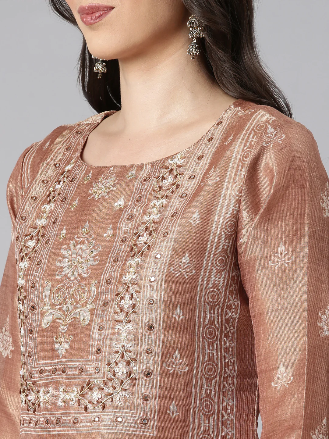 Neerus Brown Printed Straight Kurta and Trousers With Dupatta - Image 4