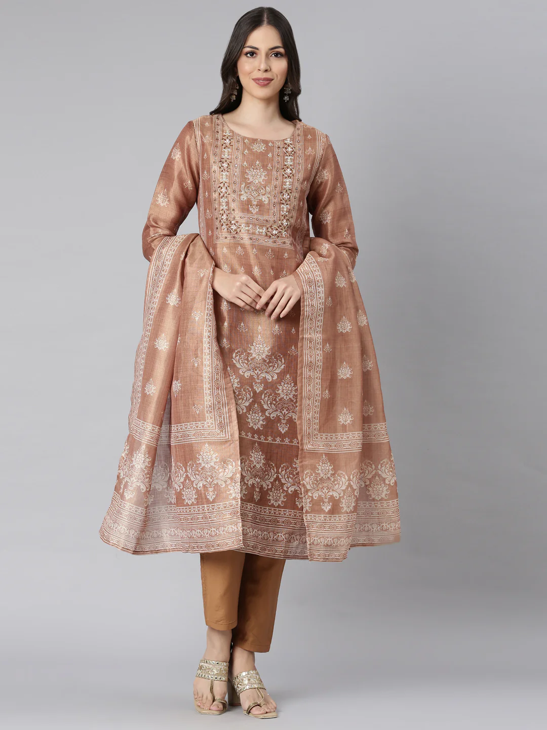 Neerus Brown Printed Straight Kurta and Trousers With Dupatta - Image 5