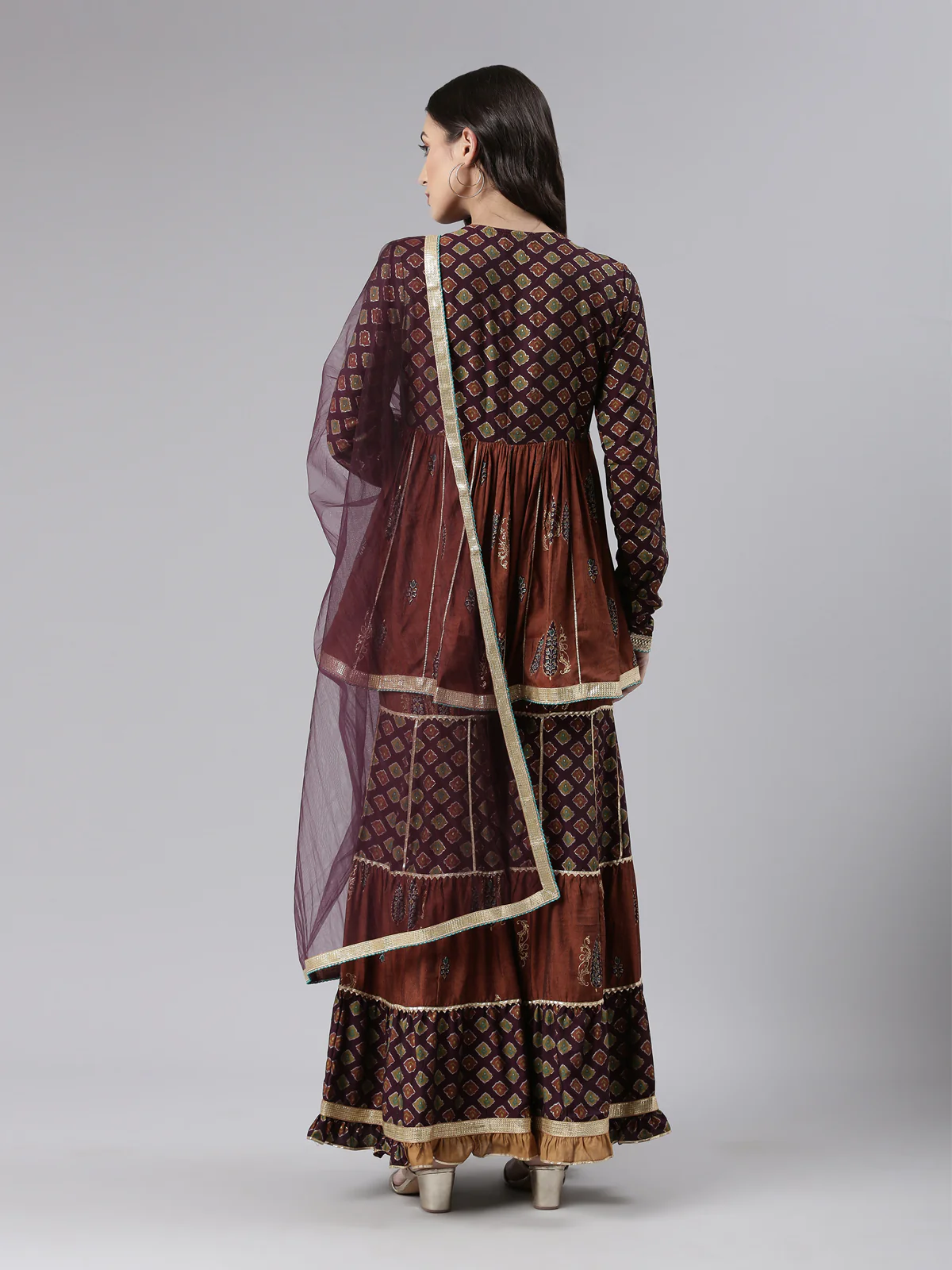 Neerus Brown Regular Above Knee Printed Kurta Printed Sharara With Dupatta - Image 3