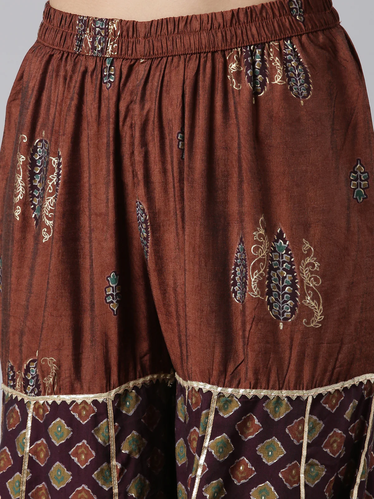 Neerus Brown Regular Above Knee Printed Kurta Printed Sharara With Dupatta - Image 4