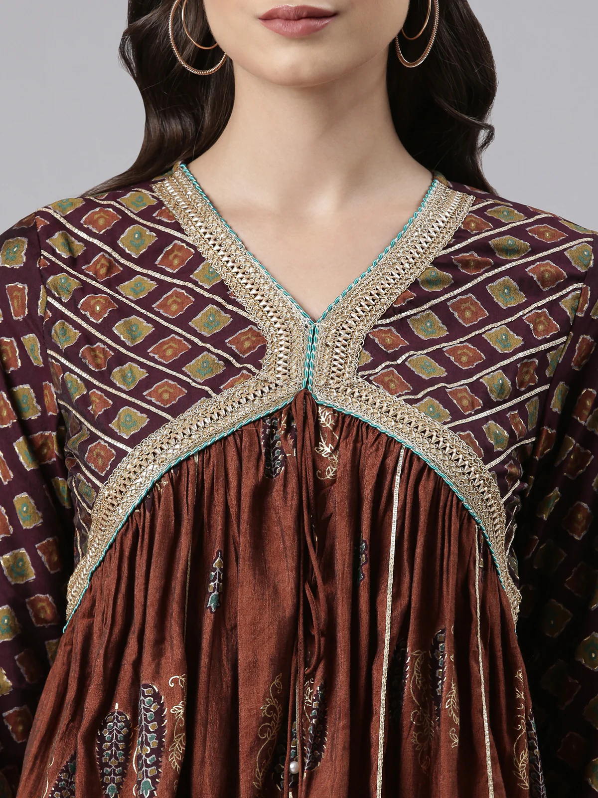 Neerus Brown Regular Above Knee Printed Kurta Printed Sharara With Dupatta - Image 5