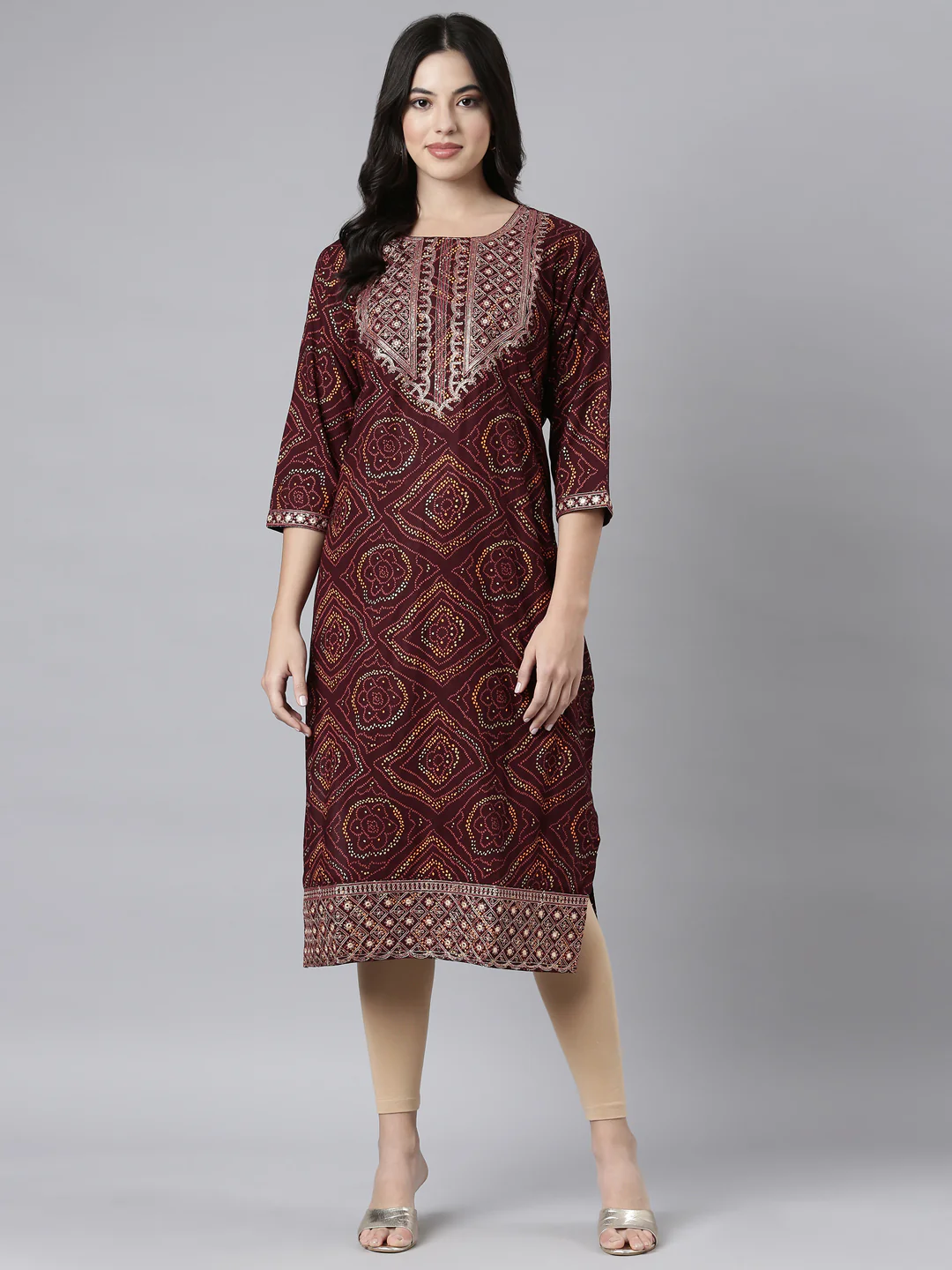 Neerus Brown Regular Straight Bandhani Kurta - Image 5