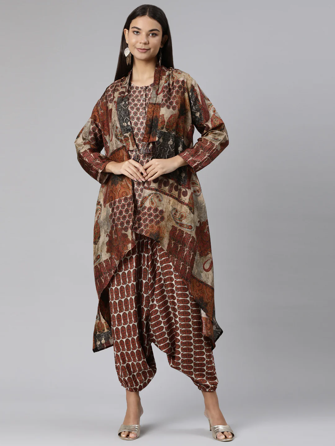 Neerus Brown Regular Straight Chevron Kurta And Veshti With Jacket