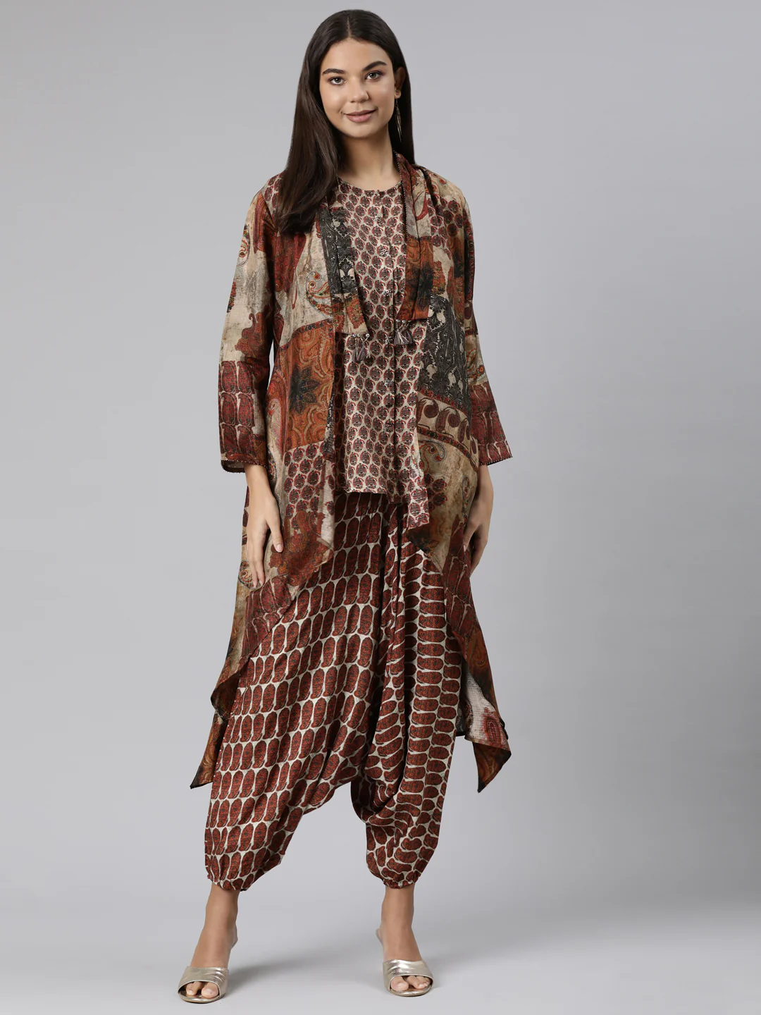 Neerus Brown Regular Straight Chevron Kurta And Veshti With Jacket - Image 6