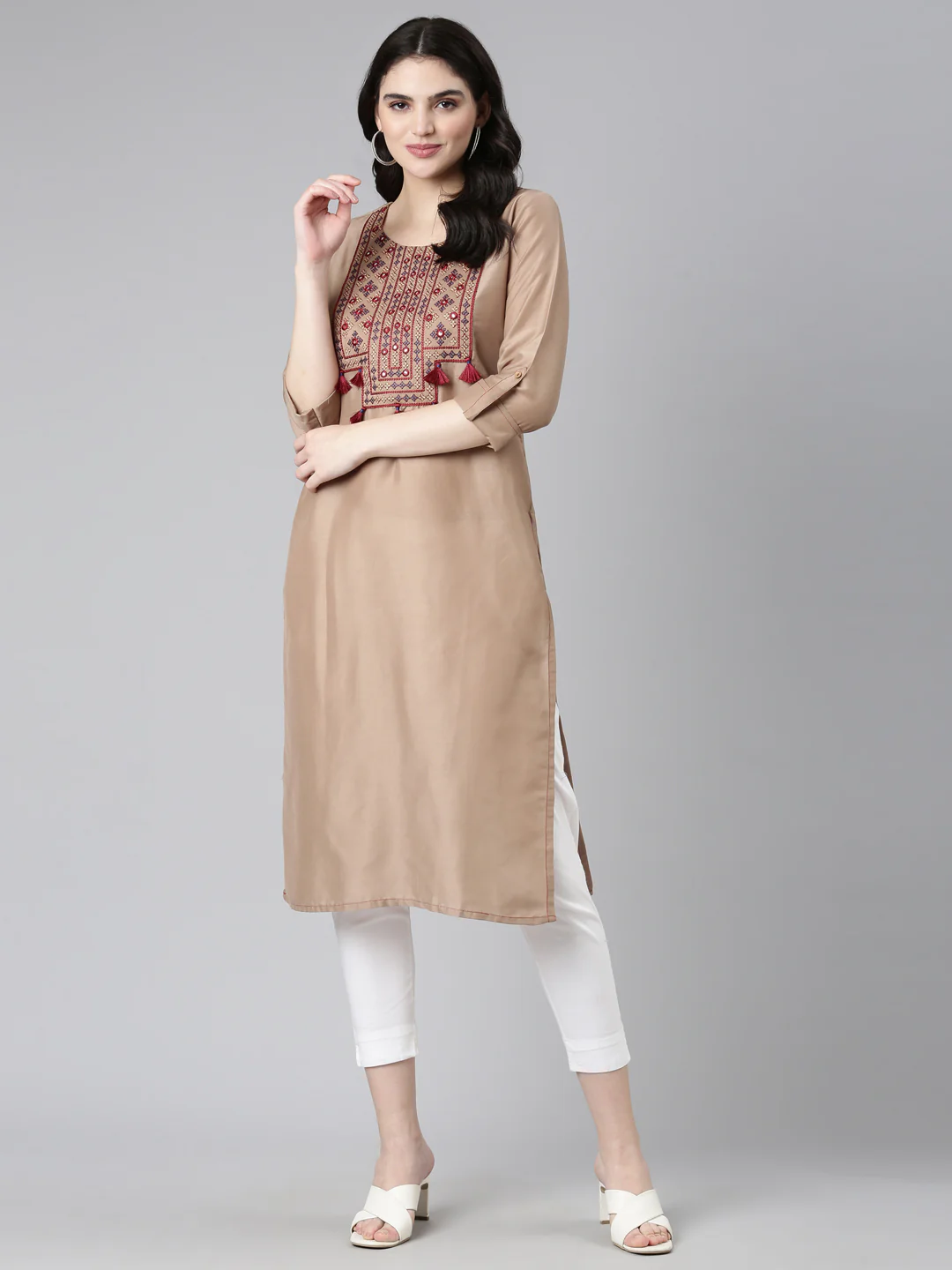 Neerus Brown Regular Straight Embroidered Kurta - Image 5