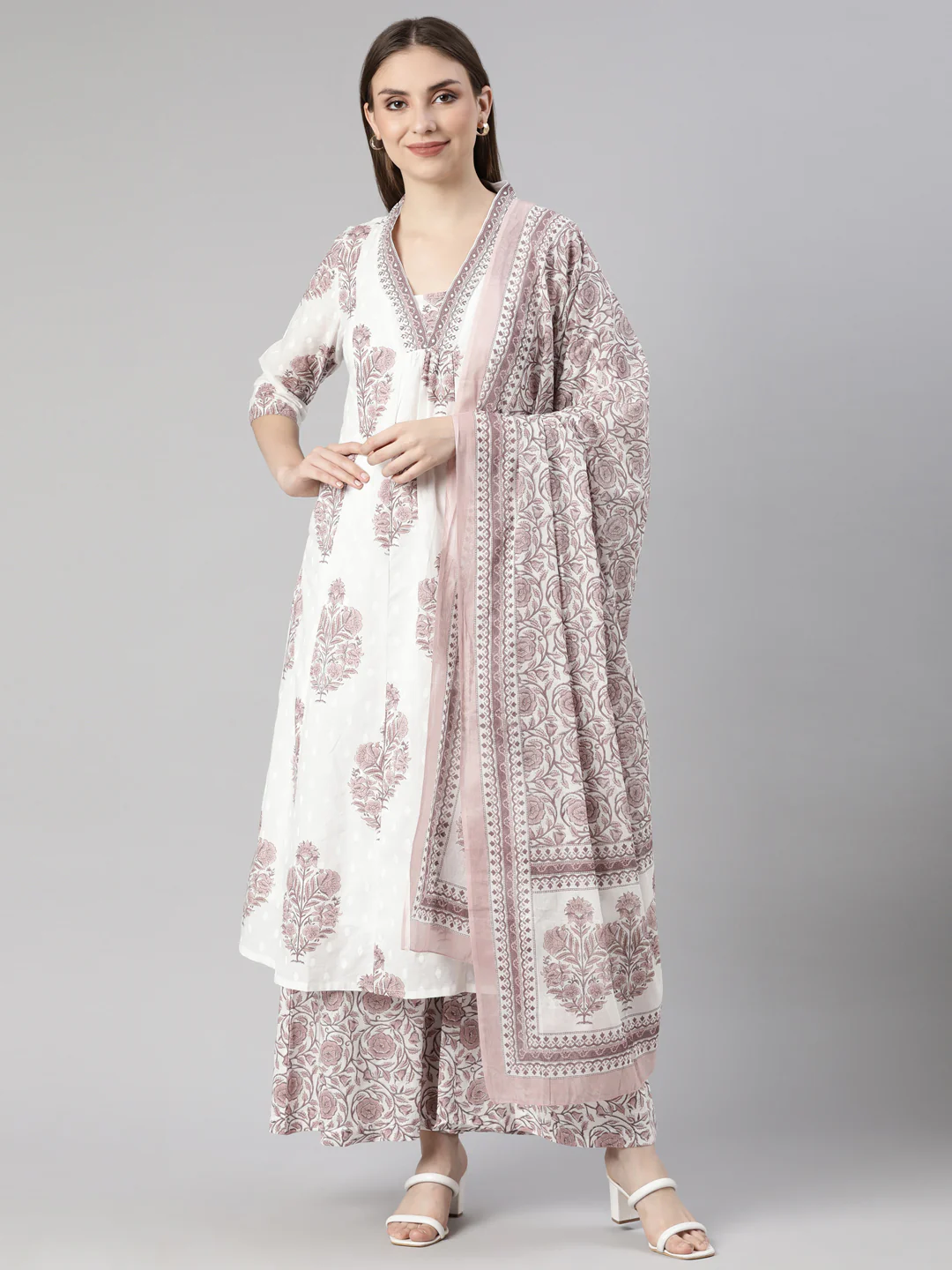 Neerus Brown Regular Straight Floral Kurta And Palazzos With Dupatta