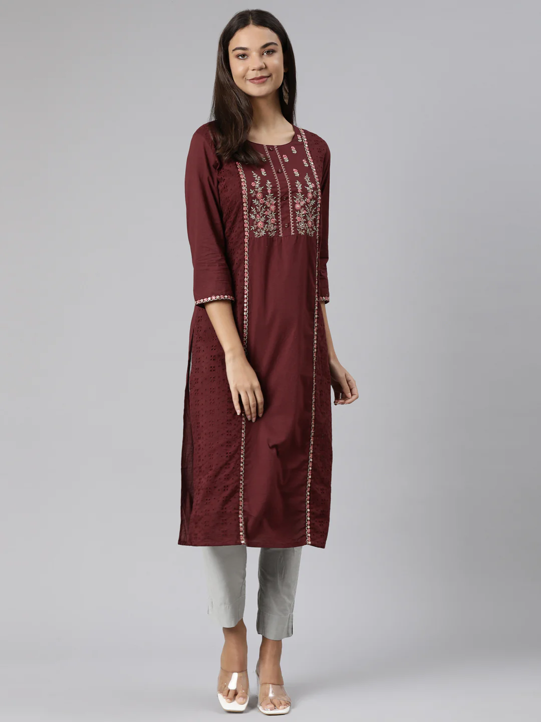 Neerus Brown Regular Straight Floral Kurta - Image 4