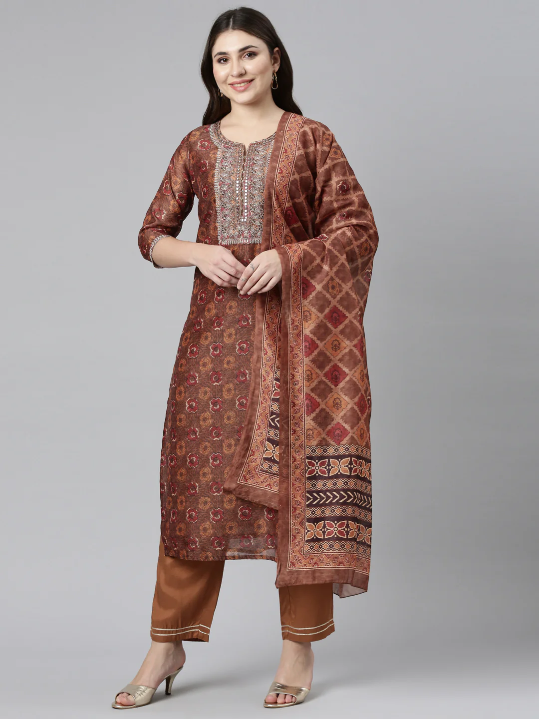 Neerus Brown Regular Straight Printed Readymade suits