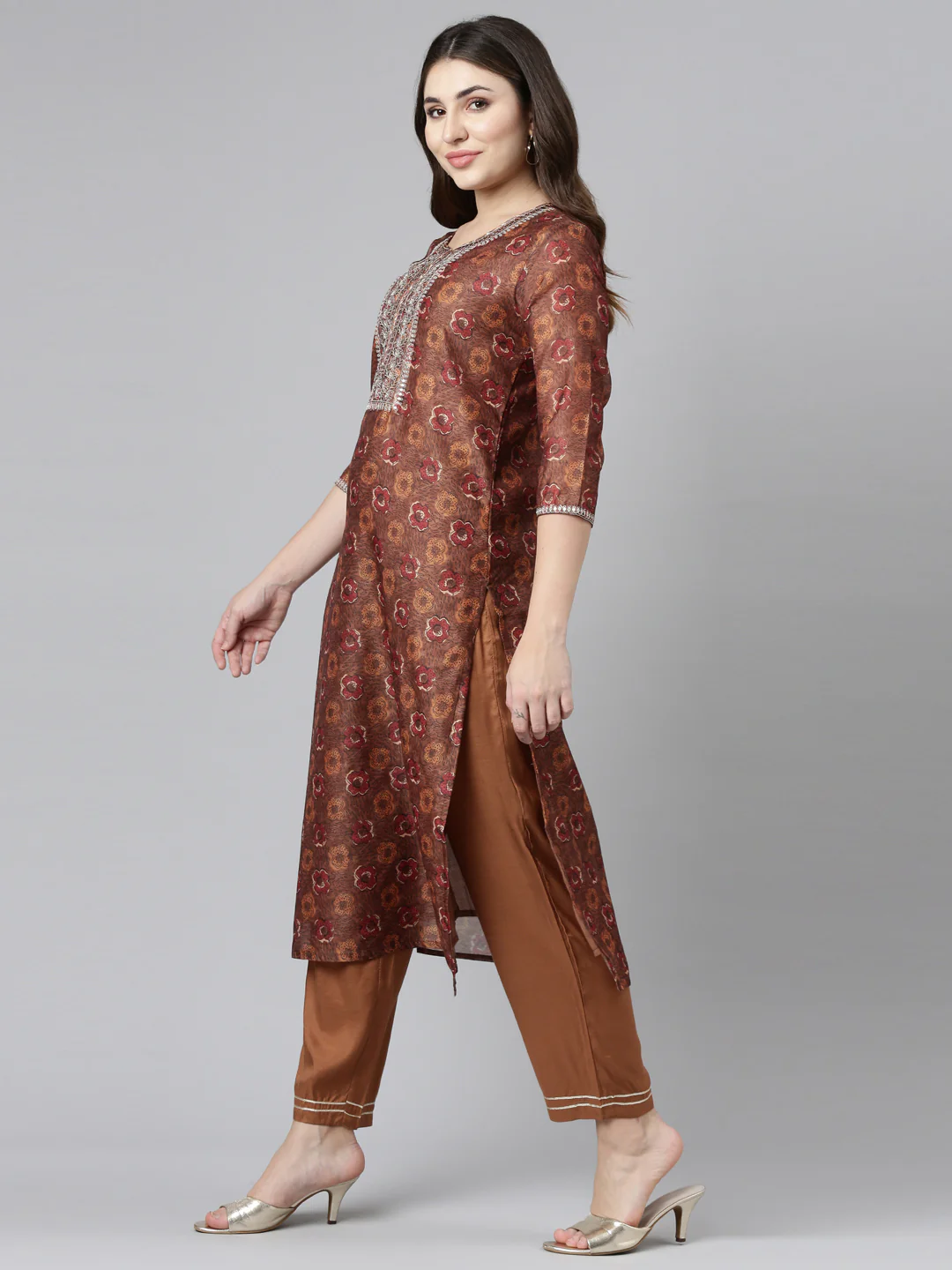 Neerus Brown Regular Straight Printed Readymade suits - Image 2
