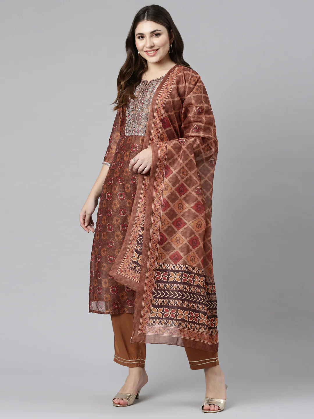 Neerus Brown Regular Straight Printed Readymade suits - Image 5