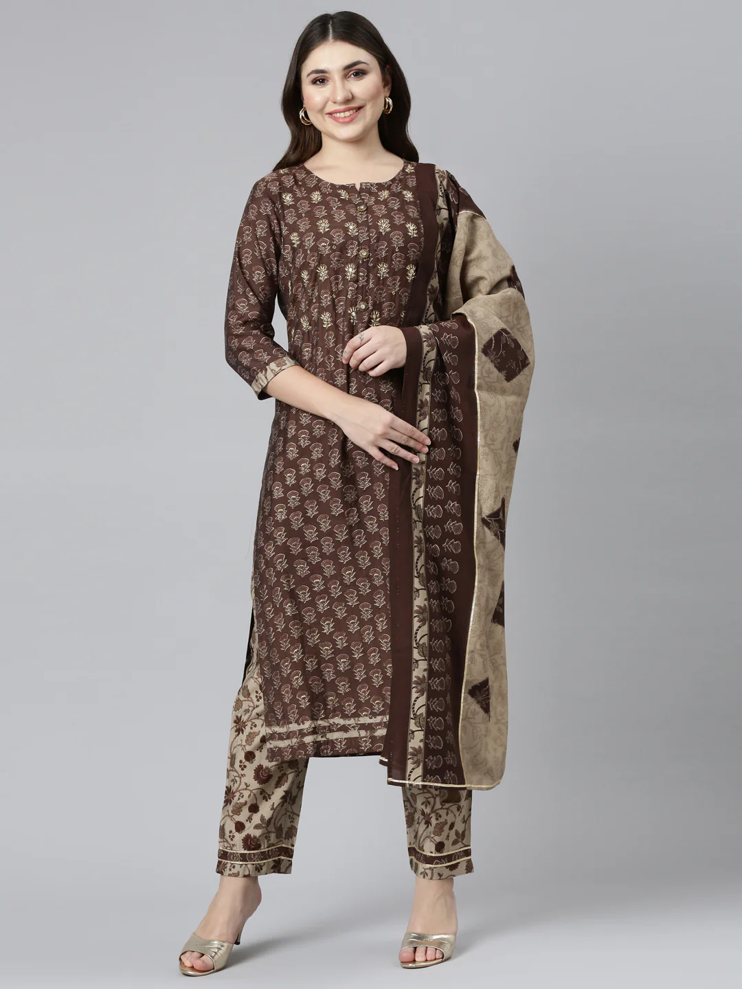 Neerus Brown Regular Straight Printed Readymade suits