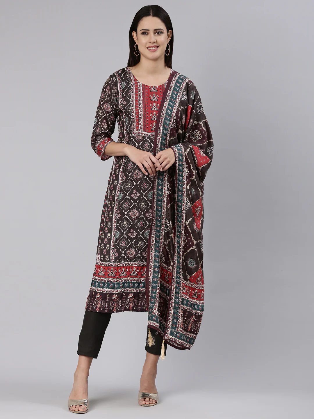 Neerus Brown Regular Straight Printed Readymade suits