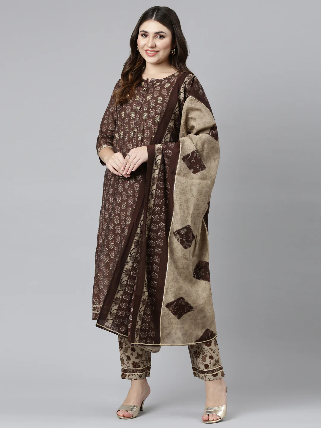 Neerus Brown Regular Straight Printed Readymade suits - Image 5